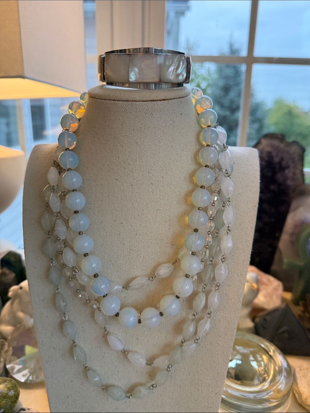 Opalite and mother of pearl Multi-Strand White Opalescent Necklace and bracelet